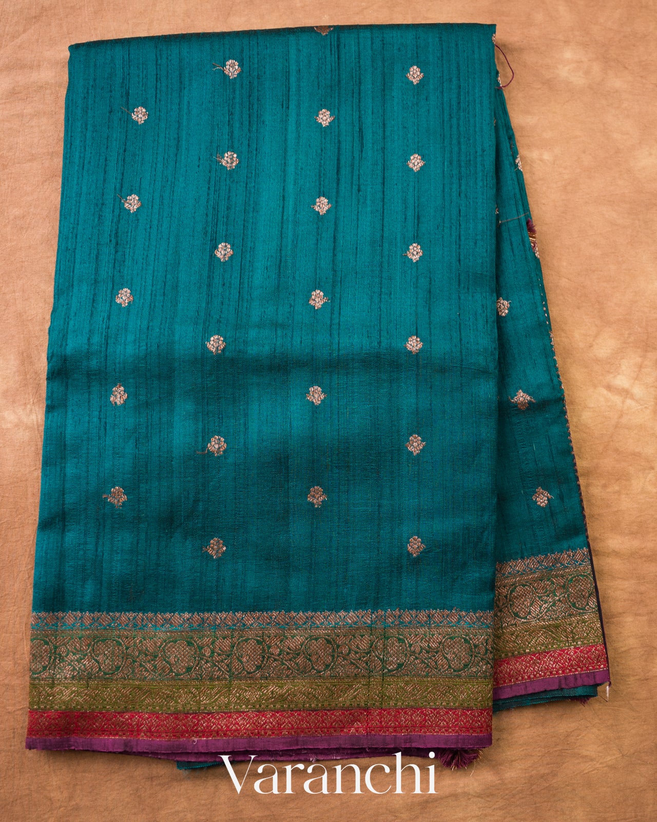 Peacock Blue Pure Raw Silk Handloom Saree — Full Saree