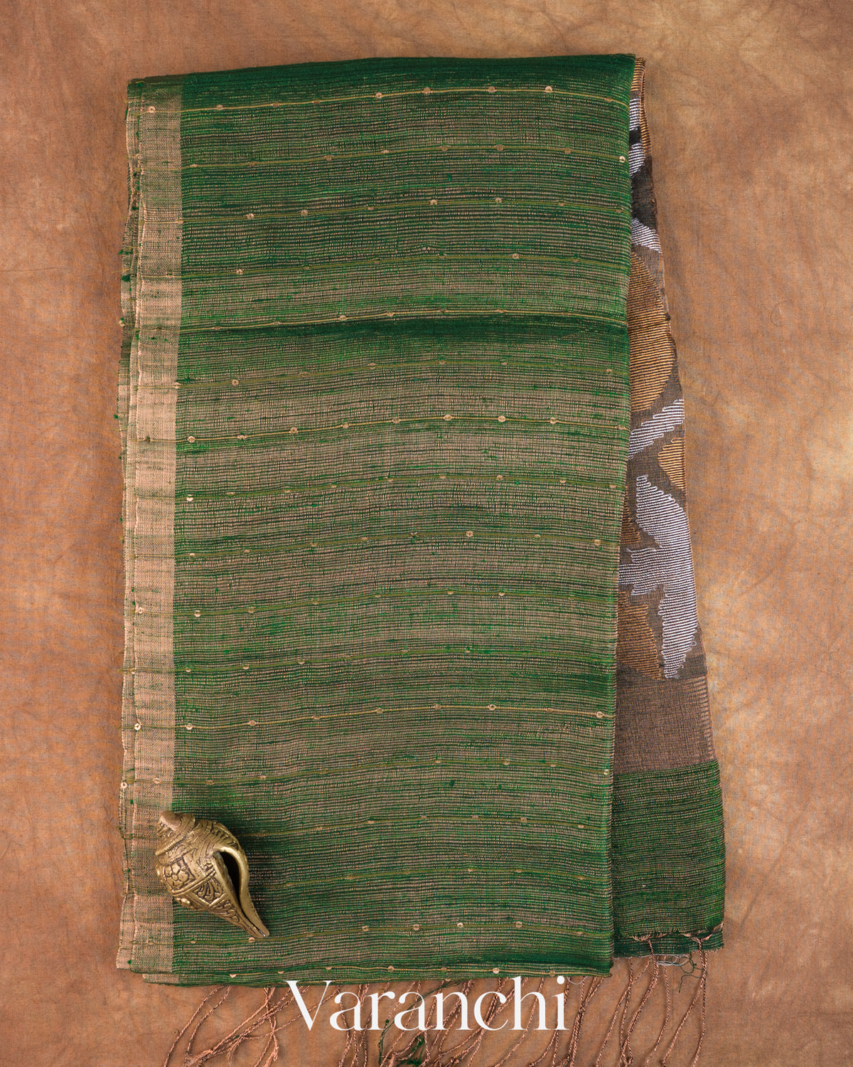 Bottle Green Sequence Jamdani Pure Matka Tissue Silk Handloom Saree — Folded