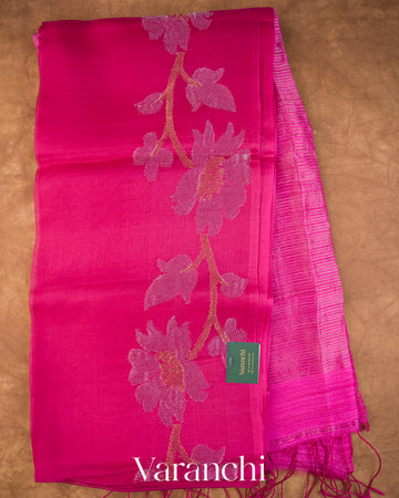 Rani Pink Floral Jamdani Pure Muslin Silk Handloom Saree — Full Saree
