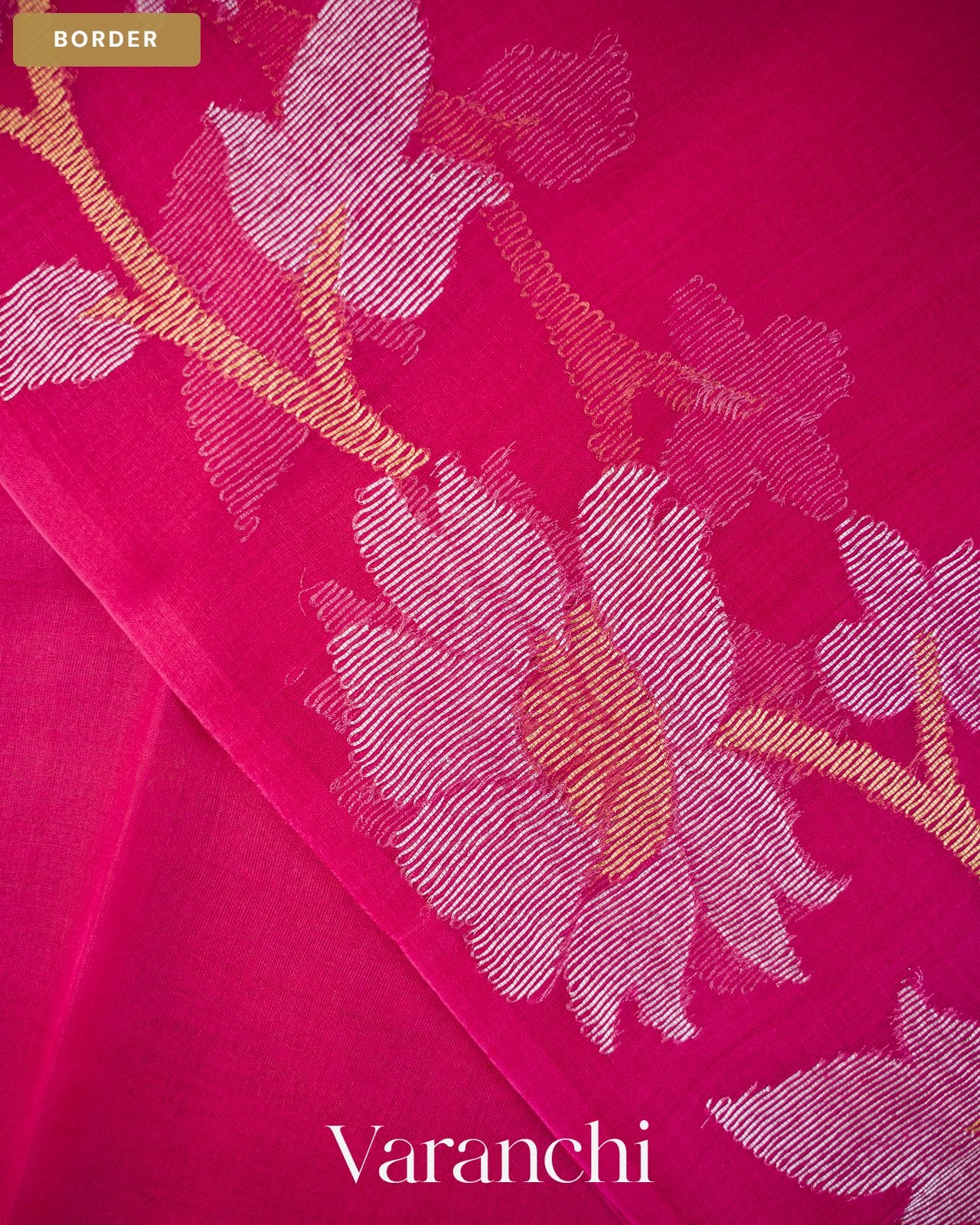 Rani Pink Floral Jamdani Pure Muslin Silk Handloom Saree — Border