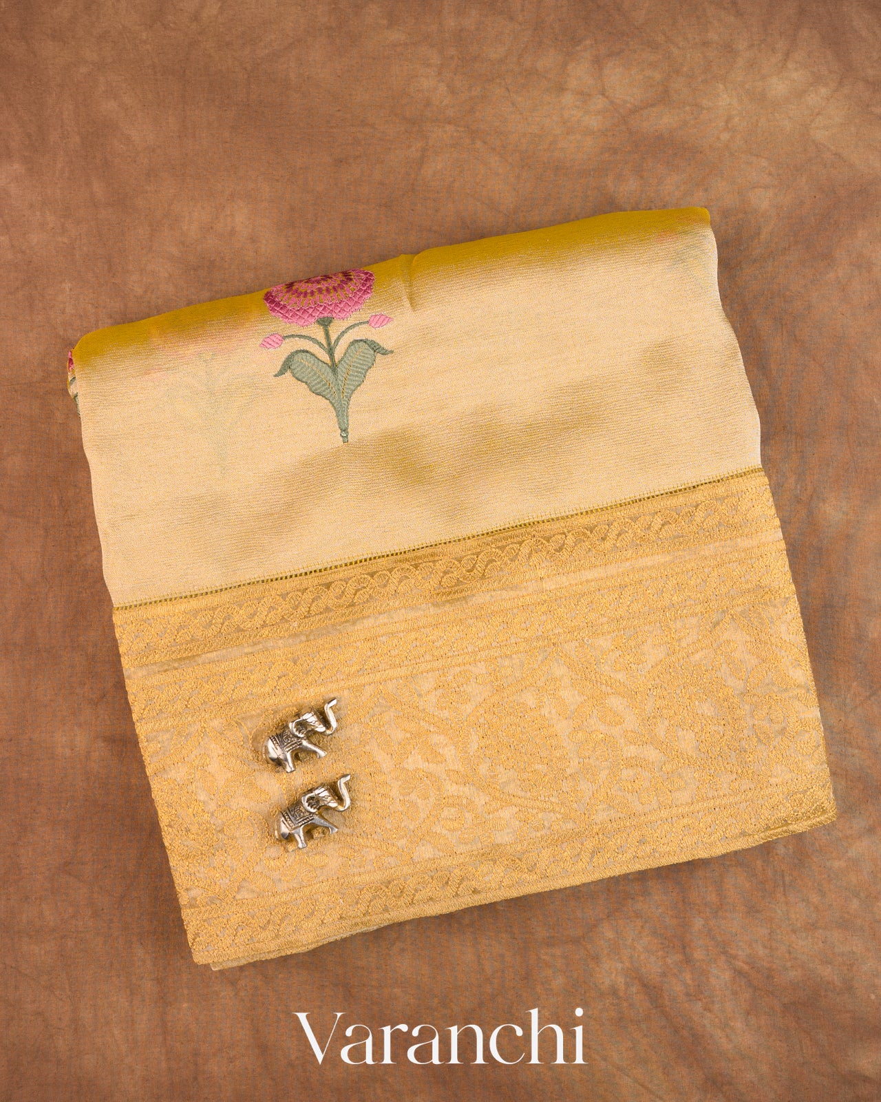 Cream Floral Embroidered Pure Kora Silk Saree — Folded