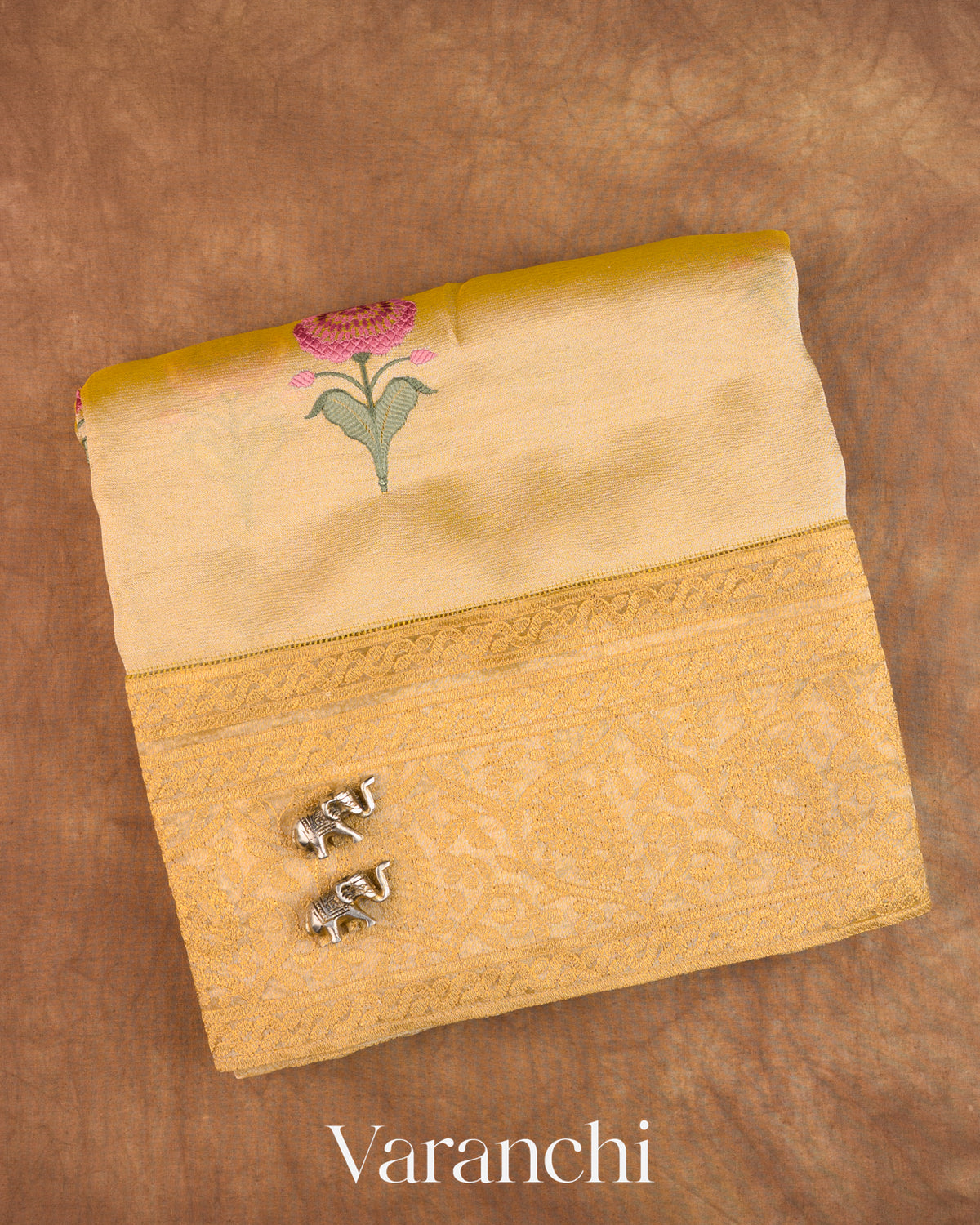 Butter Yellow Chikankari Embroidered Pure Kora Silk Saree — Folded