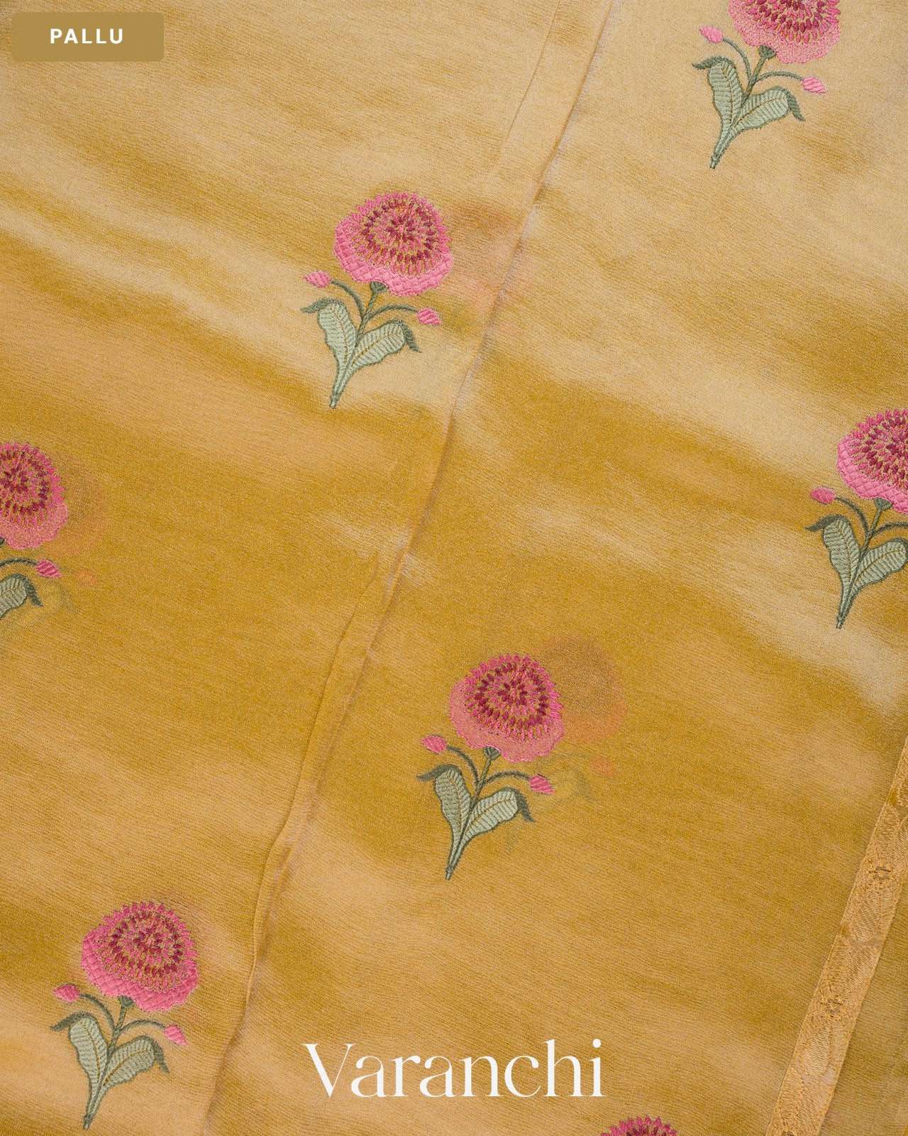 Cream Floral Embroidered Pure Kora Silk Saree — Pallu