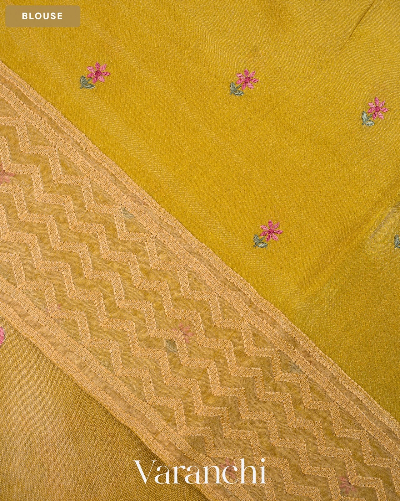 Cream Floral Embroidered Pure Kora Silk Saree — Blouse