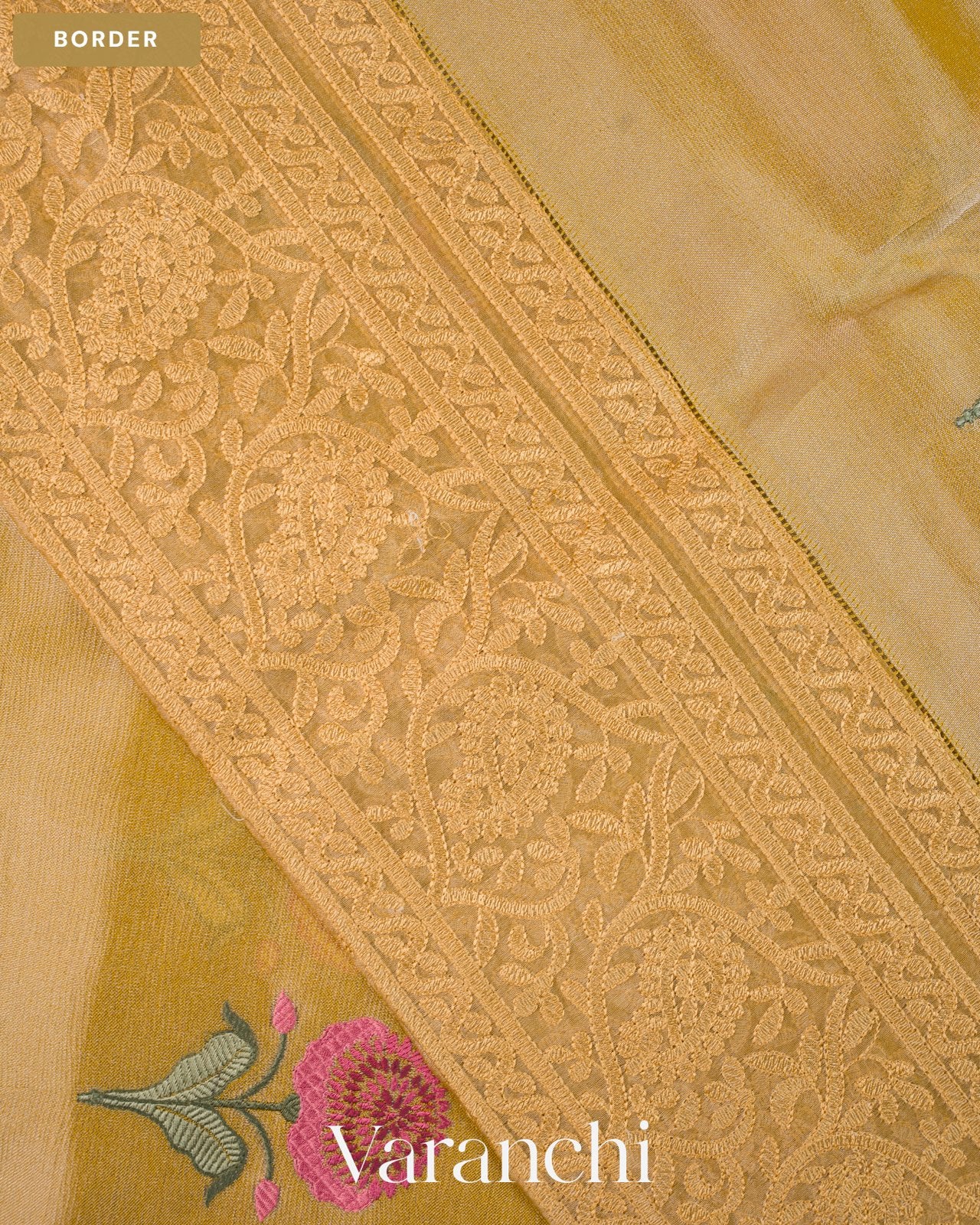Cream Floral Embroidered Pure Kora Silk Saree — Border