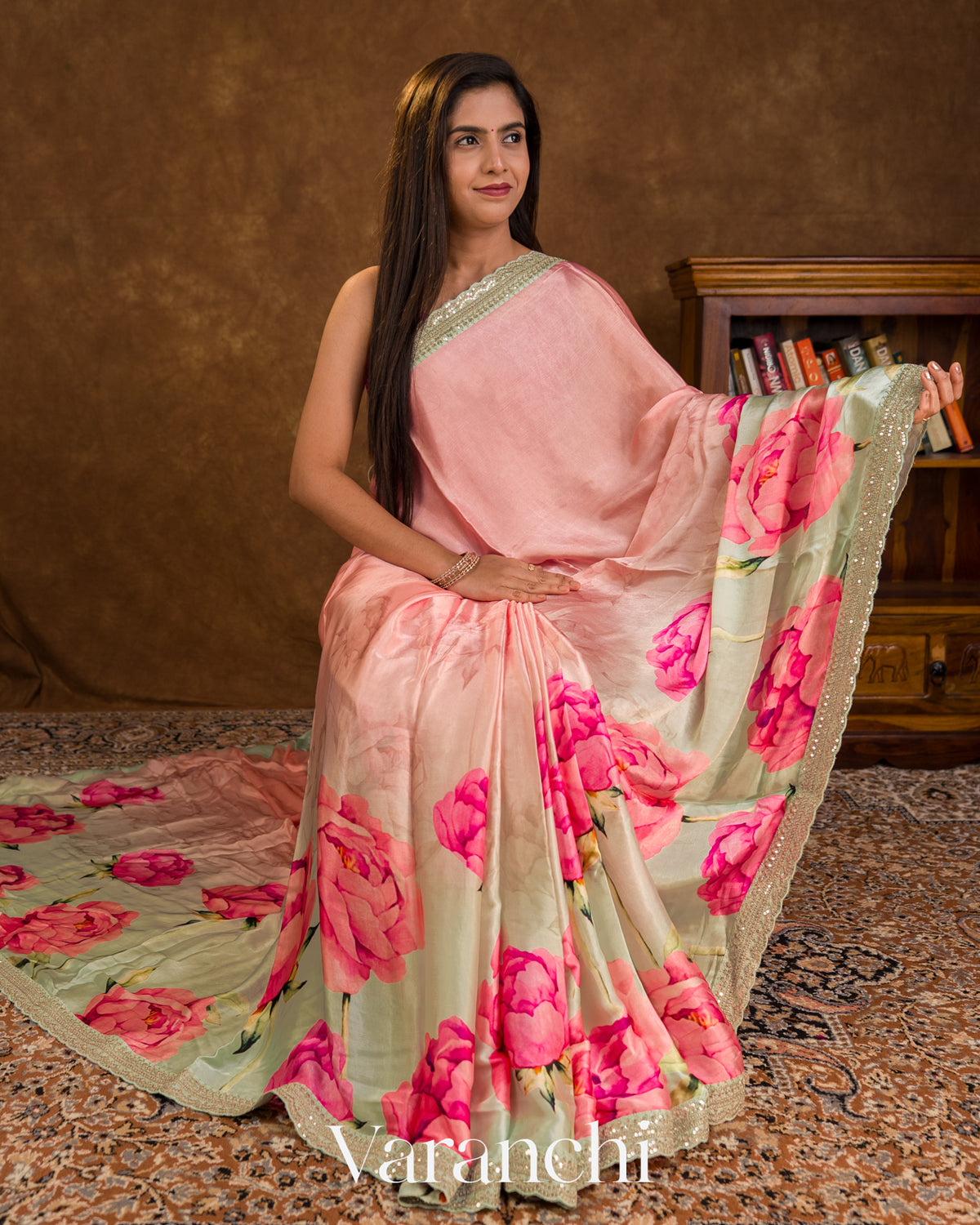 Mint Green Floral Printed Pure Satin Crepe Saree — Draped
