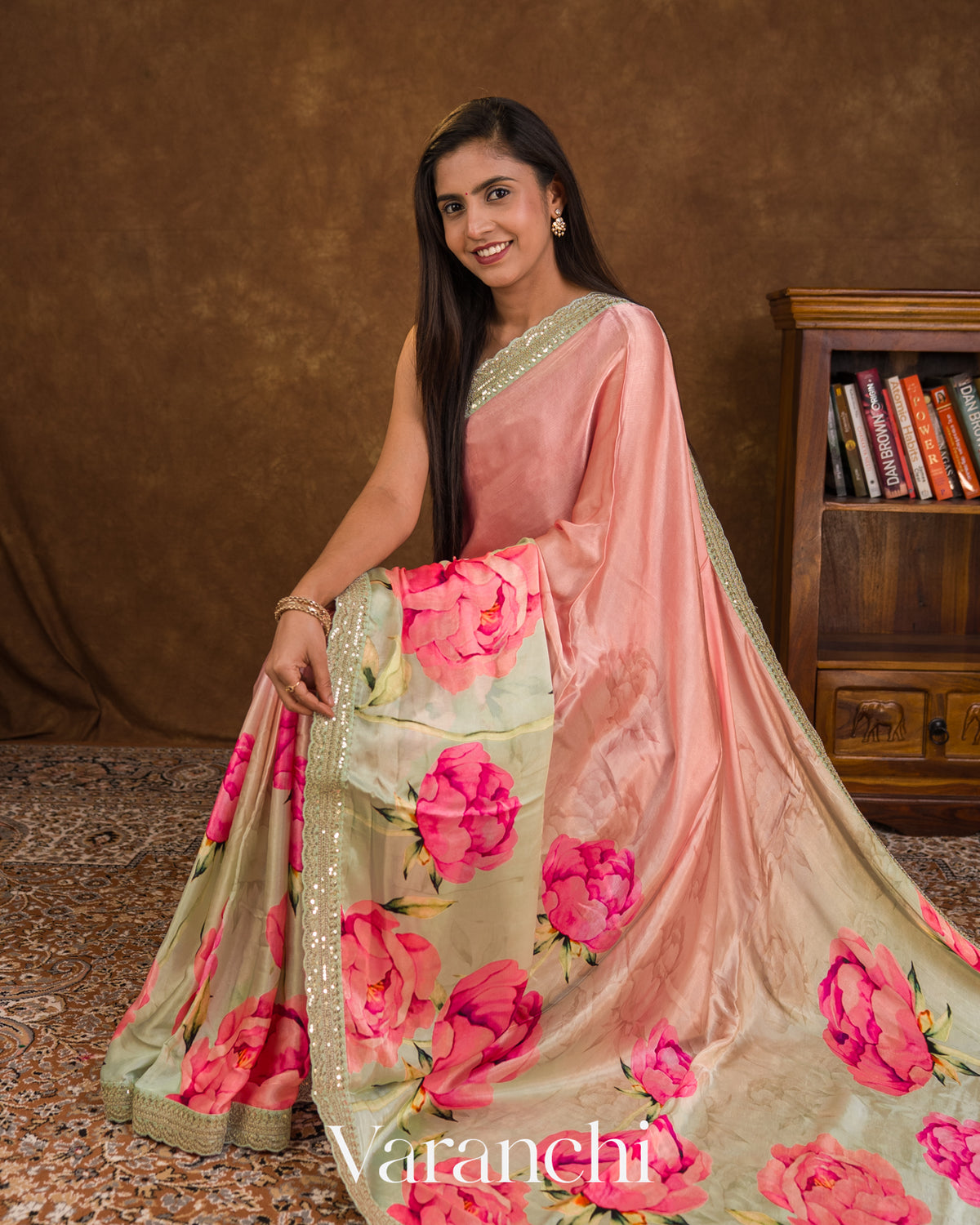 Mint Green Floral Printed Pure Satin Crepe Saree — Draped