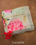 Sage Green Floral Printed and Sequin Embroidered Pure Satin Saree — Folded
