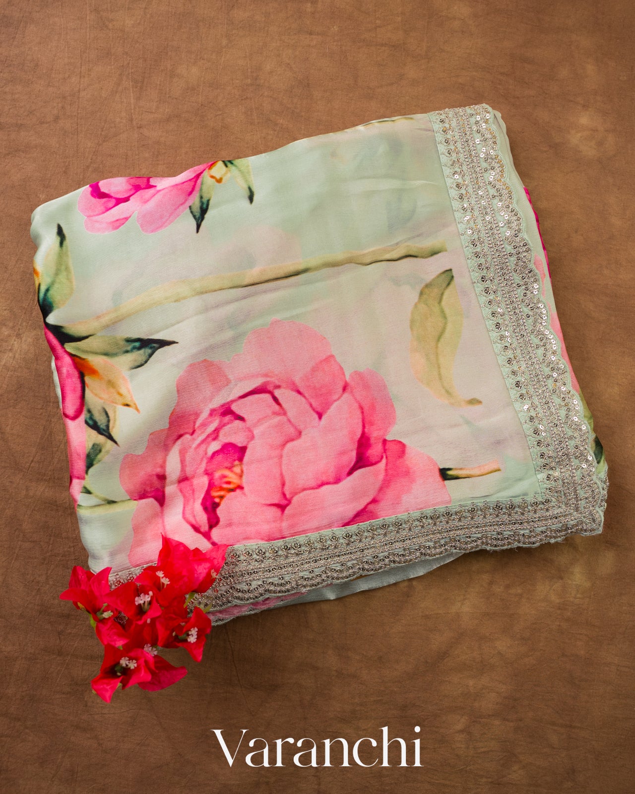 Sage Green Floral Printed and Sequin Embroidered Pure Satin Saree — Folded