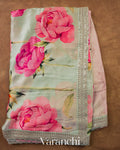 Sage Green Floral Printed and Sequin Embroidered Pure Satin Saree — Full Saree