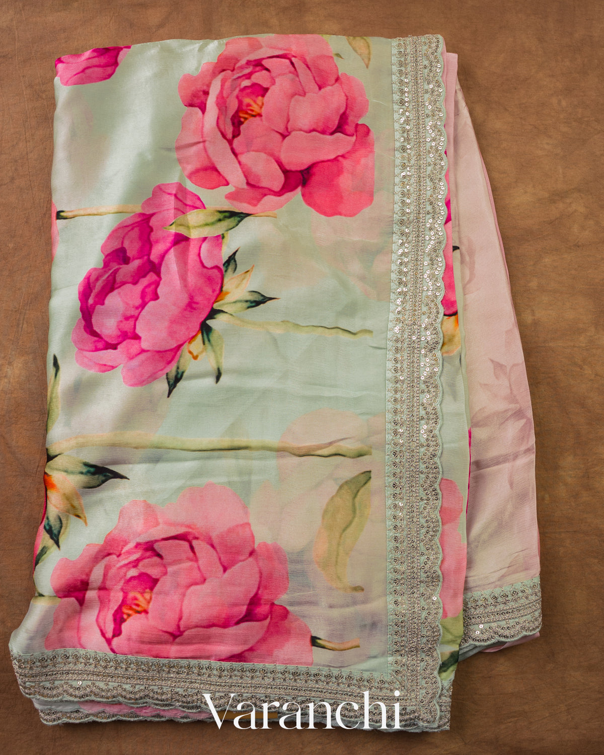 Mint Green Floral Printed Pure Satin Crepe Saree — Full Saree