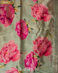 Sage Green Floral Printed and Sequin Embroidered Pure Satin Saree — Pallu