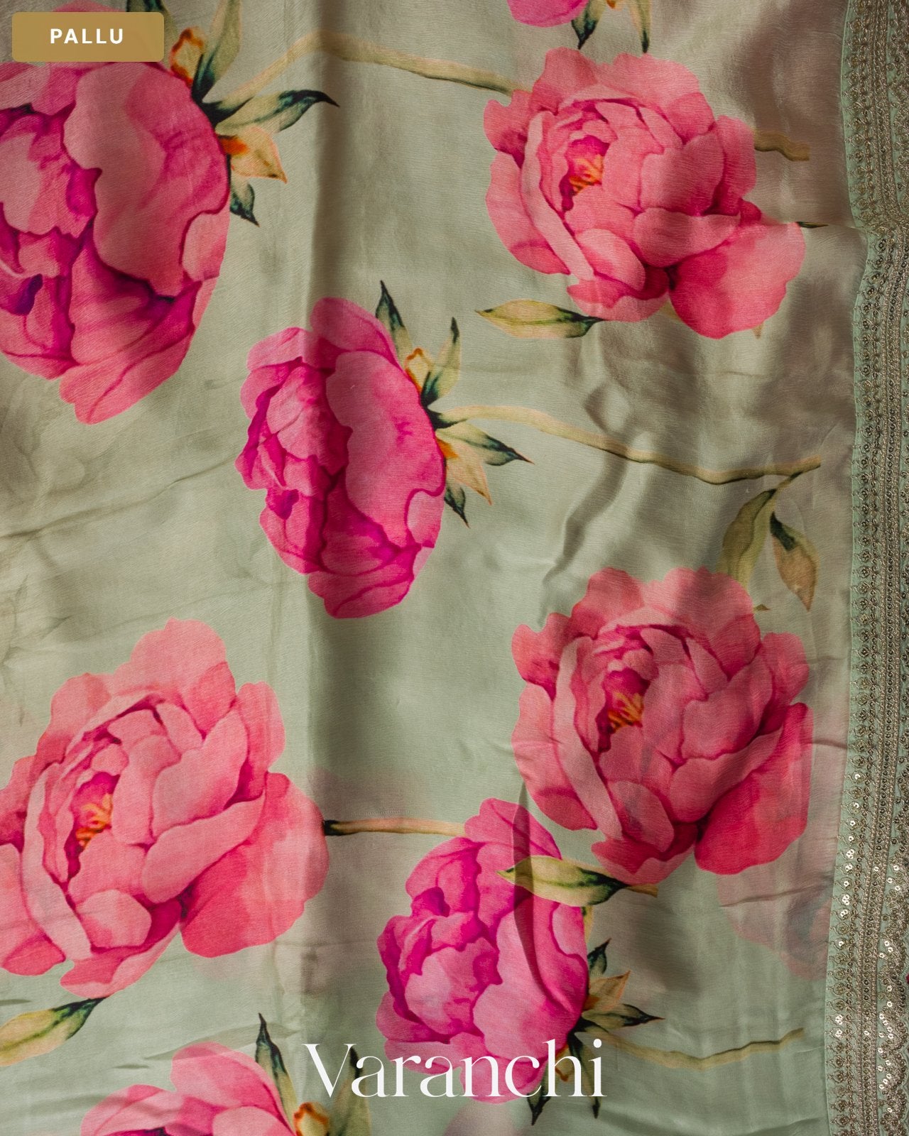 Sage Green Floral Printed and Sequin Embroidered Pure Satin Saree — Pallu