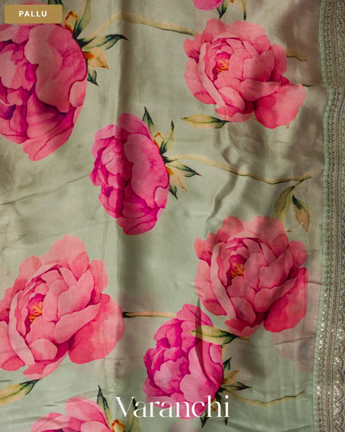 Mint Green Floral Printed Pure Satin Crepe Saree — Pallu