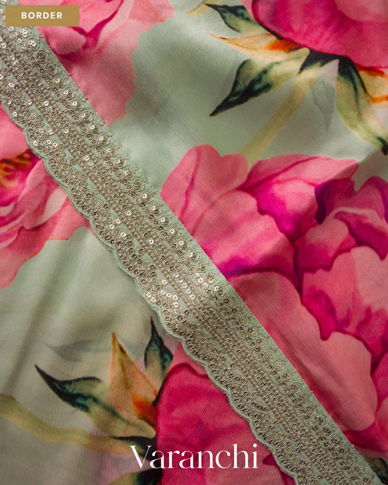 Sage Green Floral Printed and Sequin Embroidered Pure Satin Saree — Border