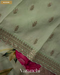 Sage Green Floral Printed and Sequin Embroidered Pure Satin Saree — Blouse