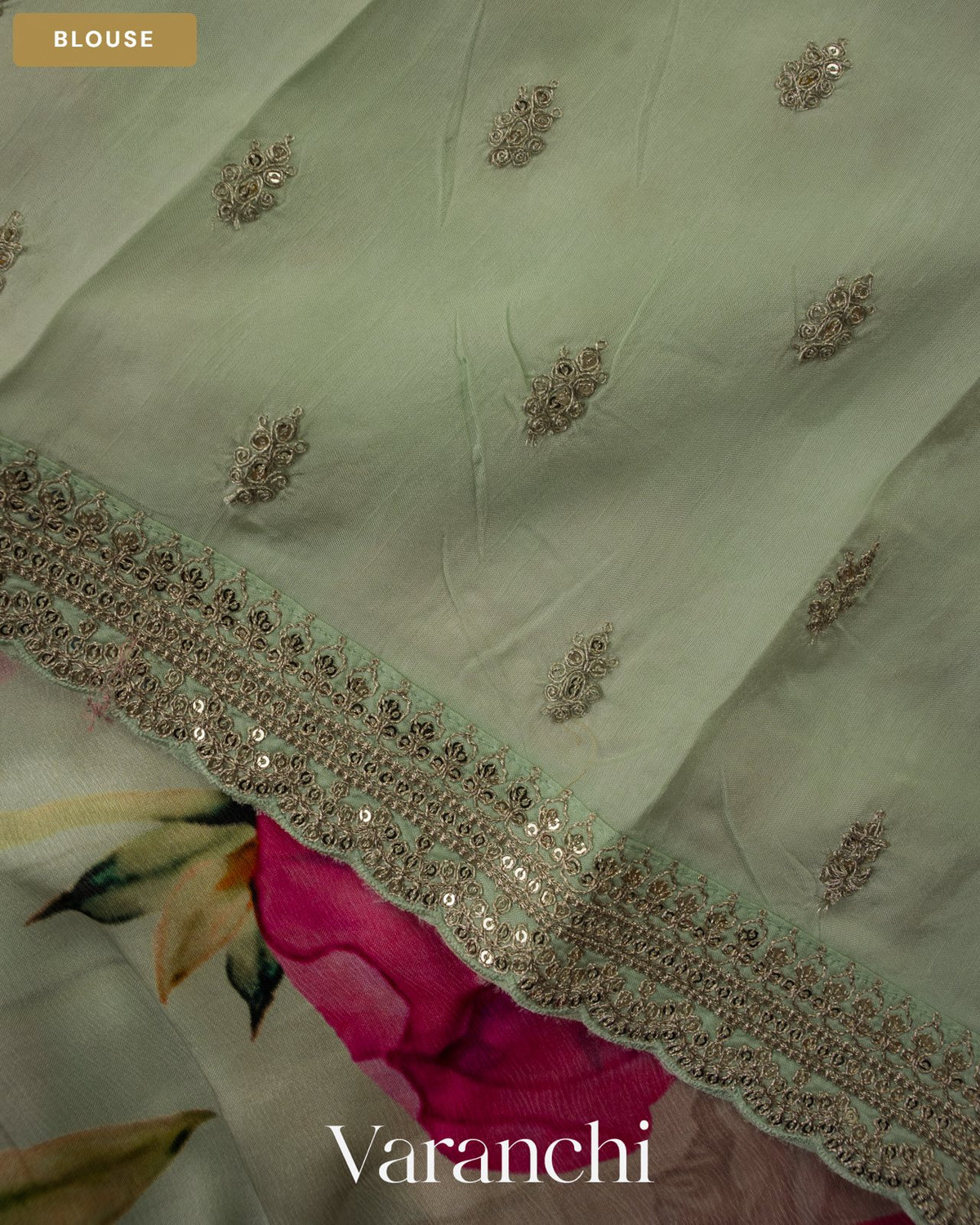 Mint Green Floral Printed Pure Satin Crepe Saree — Blouse