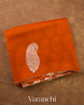 Rust Orange Scallop Embroidered Pure Kora Silk Saree — Folded