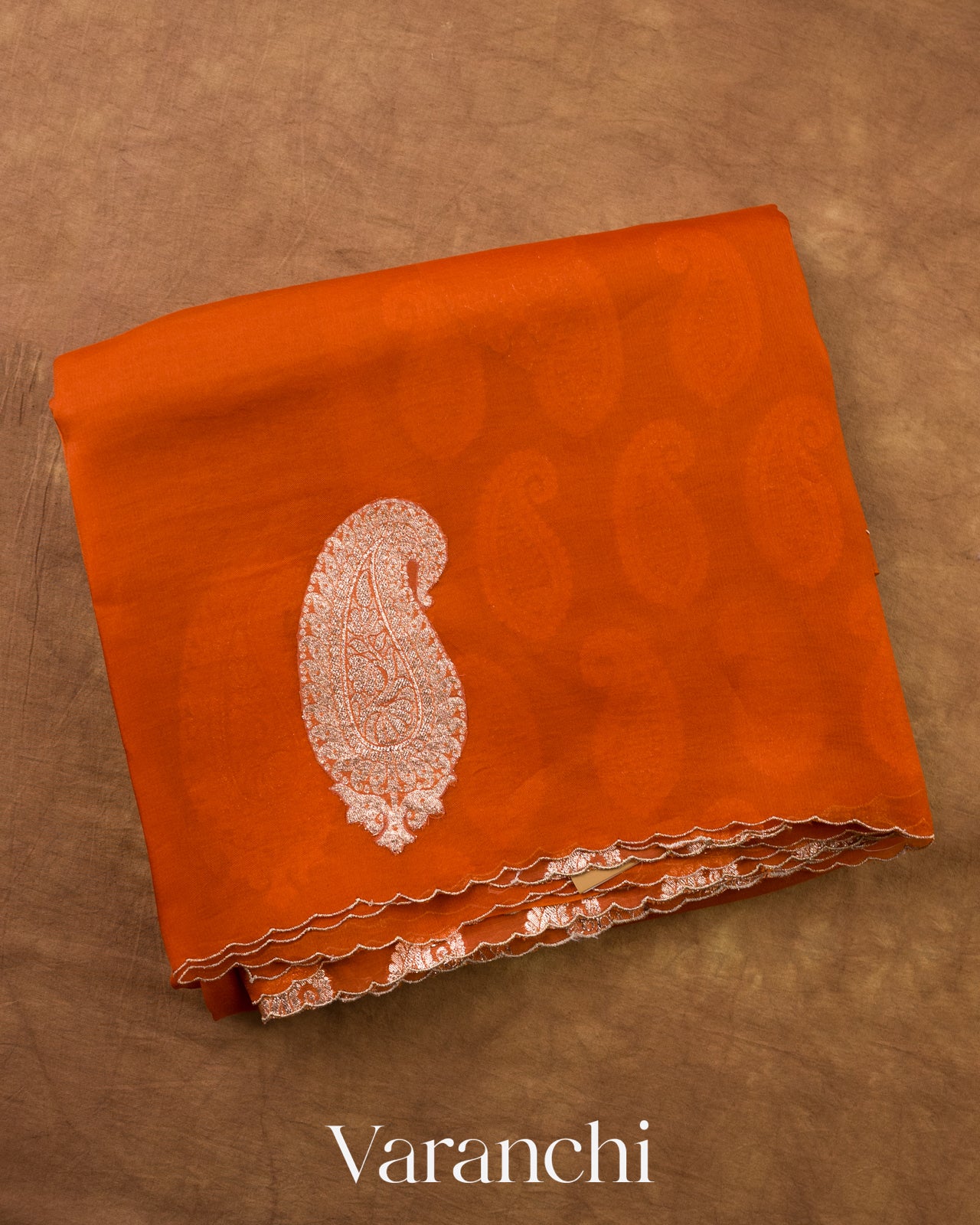 Rust Orange Scallop Embroidered Pure Kora Silk Saree — Folded