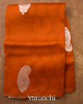 Rust Orange Scallop Embroidered Pure Kora Silk Saree — Full Saree