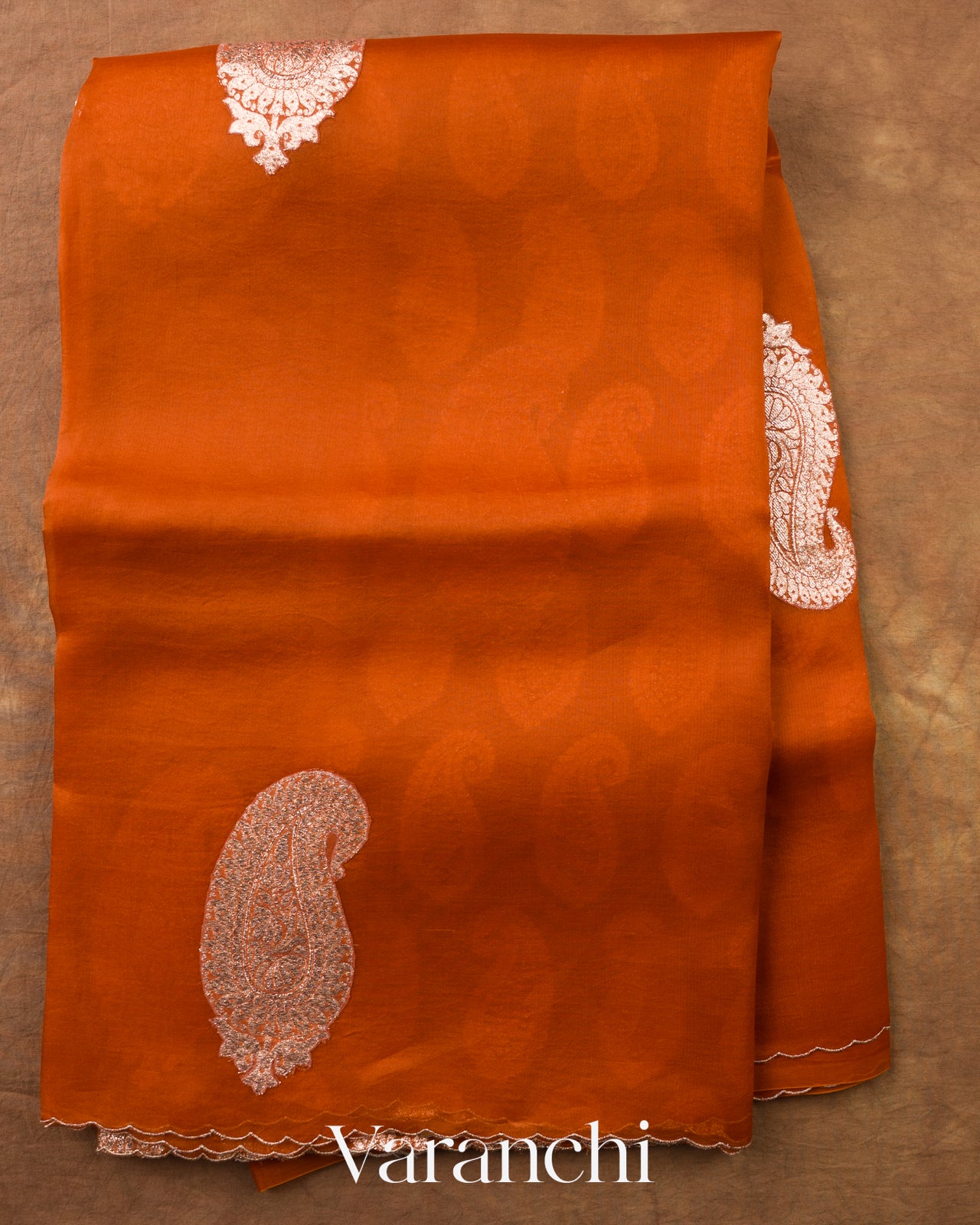 Rust Orange Scallop Embroidered Pure Kora Silk Saree — Full Saree