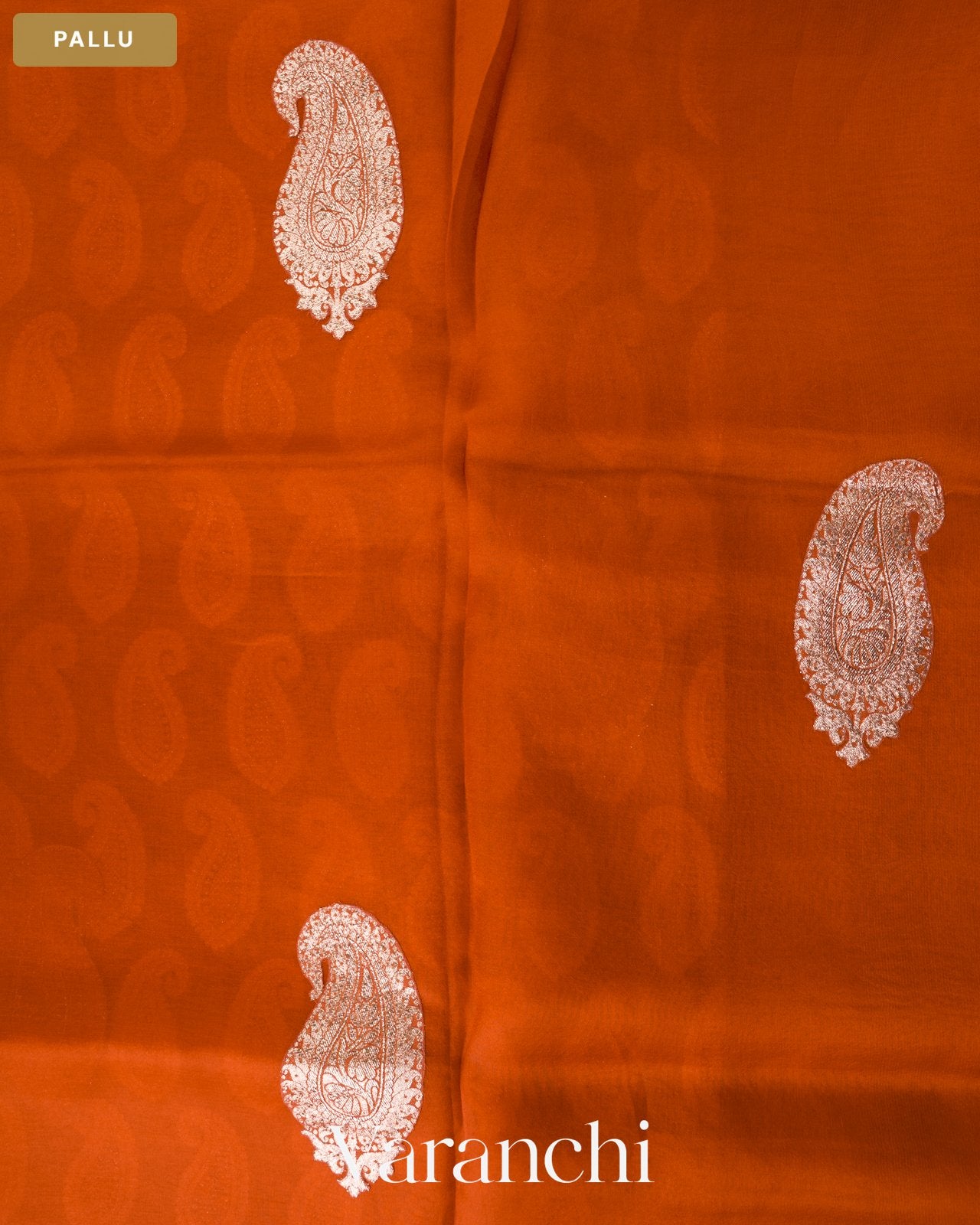 Rust Orange Scallop Embroidered Pure Kora Silk Saree — Pallu