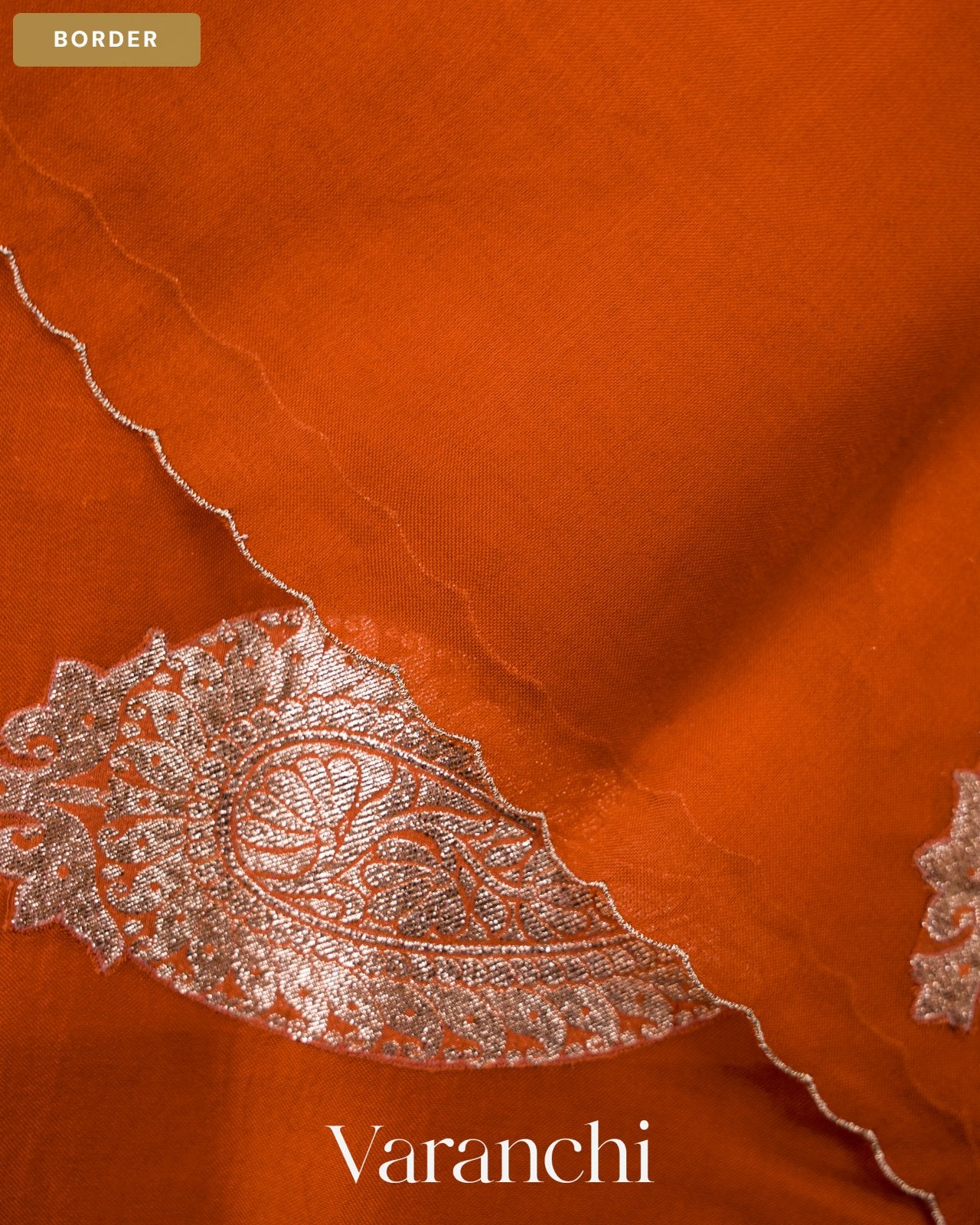 Rust Orange Scallop Embroidered Pure Kora Silk Saree — Border