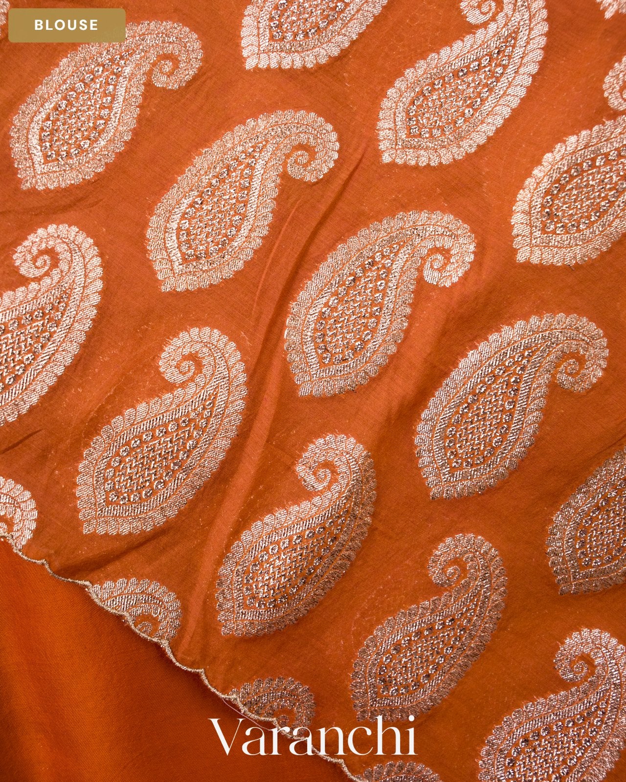 Rust Orange Scallop Embroidered Pure Kora Silk Saree — Blouse