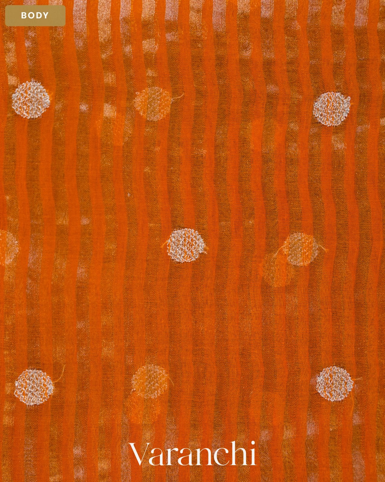 Fire Orange Dotted Stripes Pure Kora Silk Saree — Body