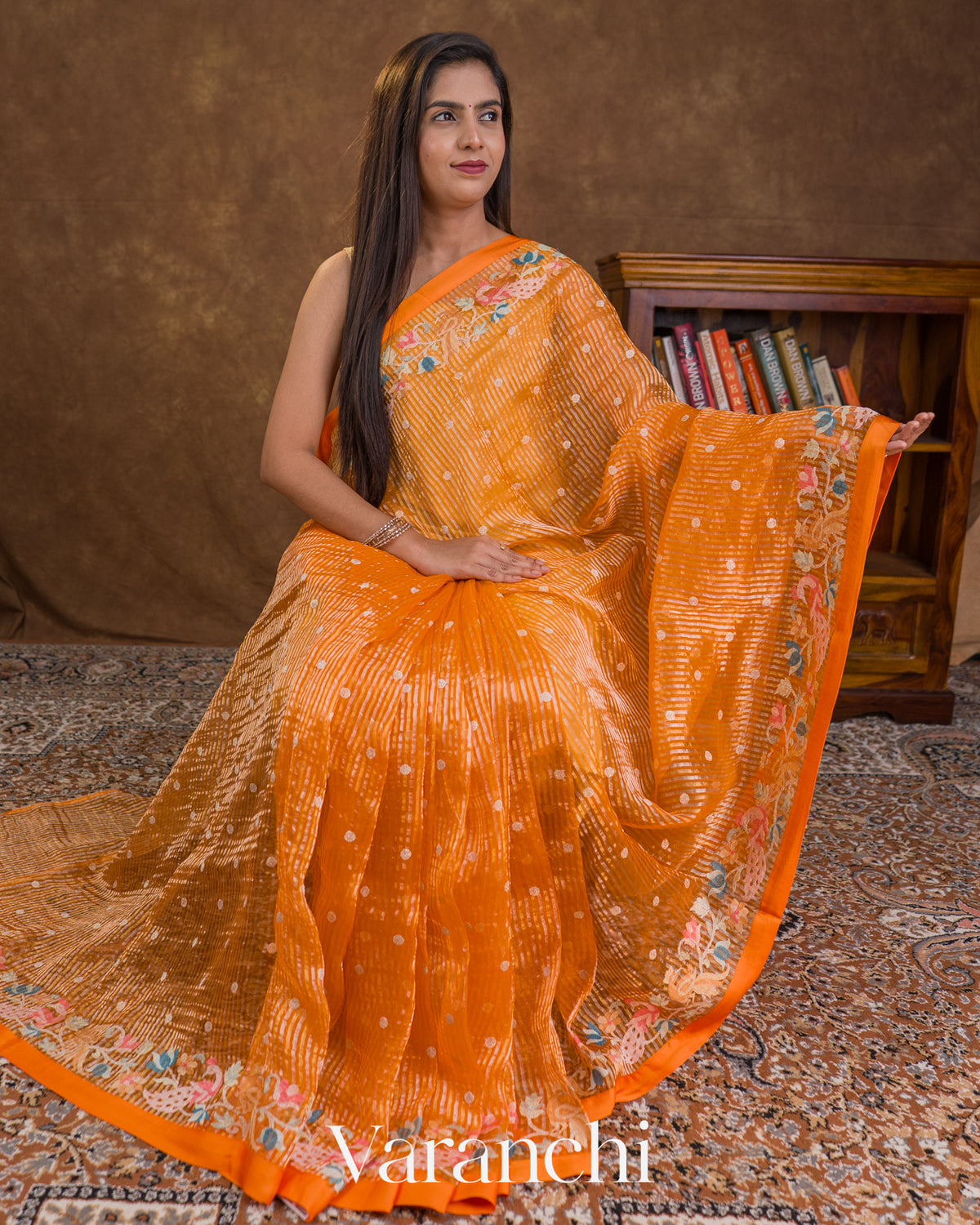 Bright Orange Embroidered Pure Kora Silk Handloom Saree — Draped
