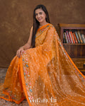Bright Orange Embroidered Pure Kora Silk Handloom Saree — Draped