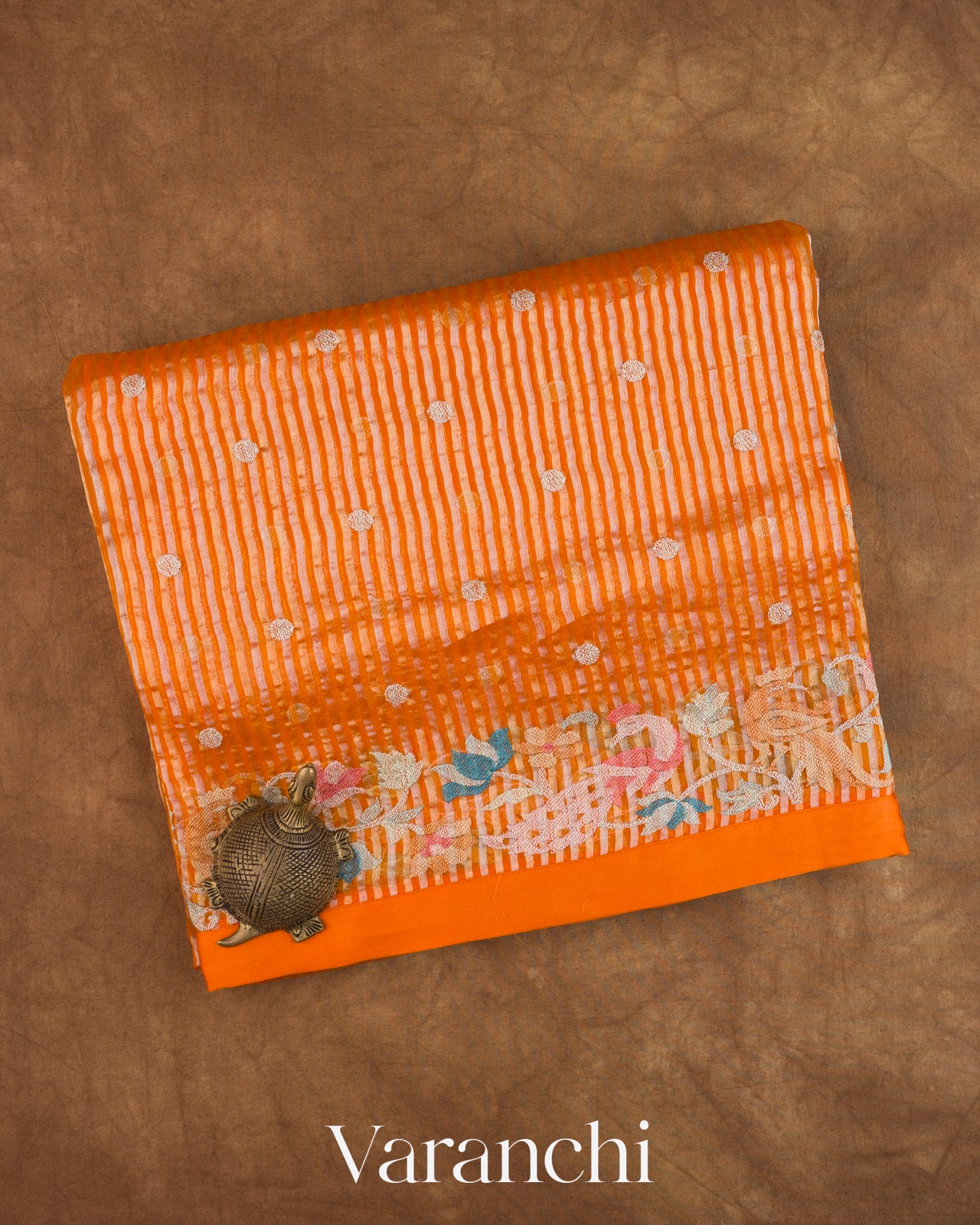 Fire Orange Dotted Stripes Pure Kora Silk Saree — Folded