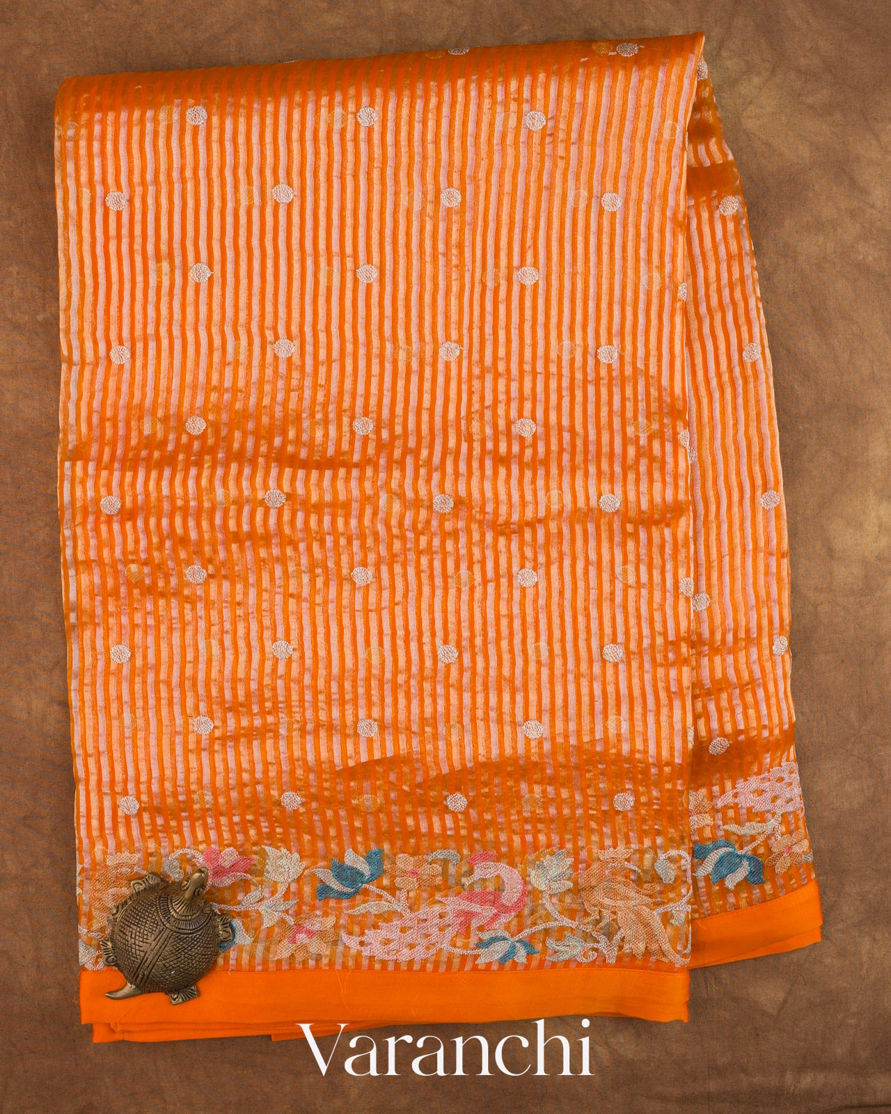 Fire Orange Dotted Stripes Pure Kora Silk Saree — Full Saree