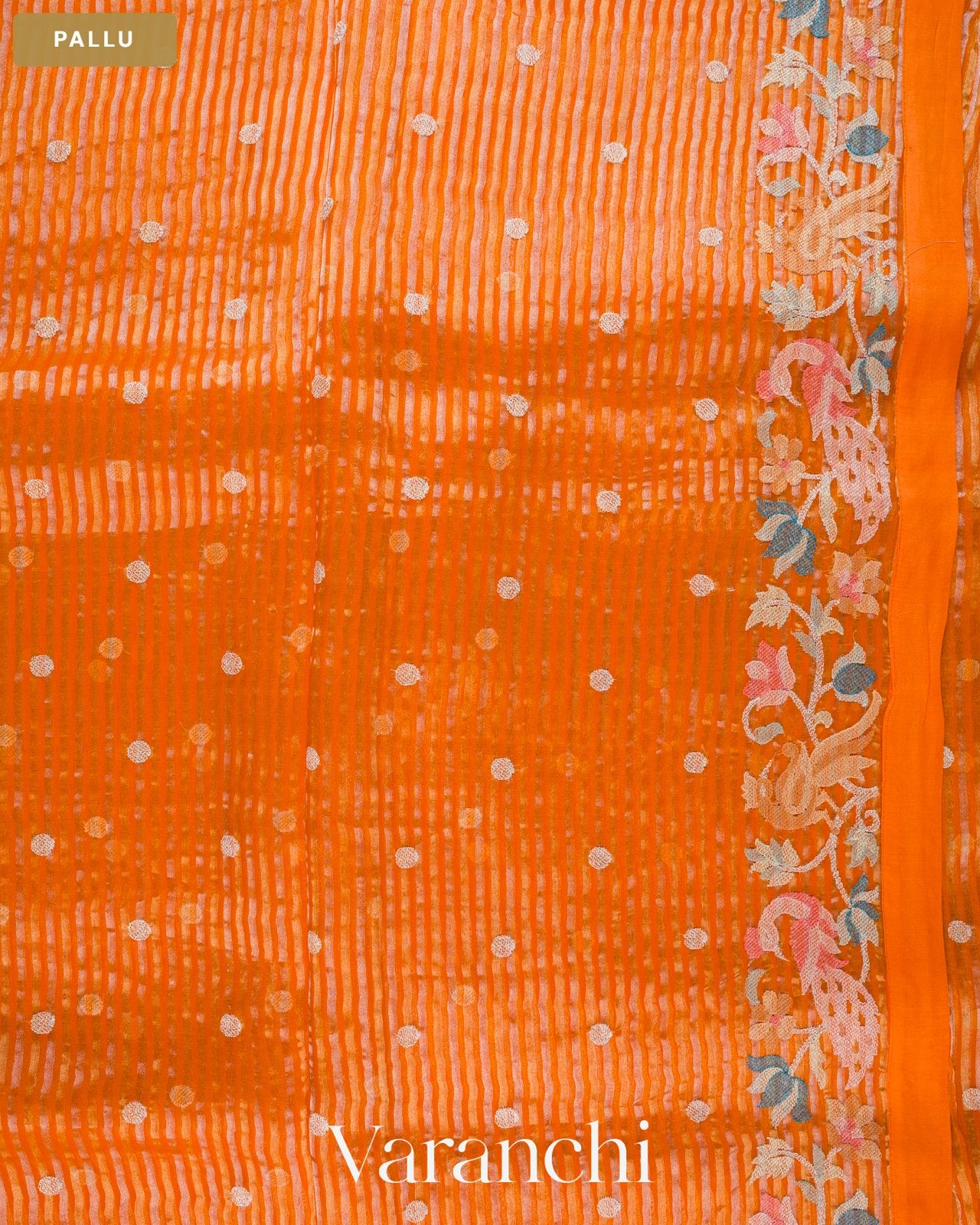Fire Orange Dotted Stripes Pure Kora Silk Saree — Pallu