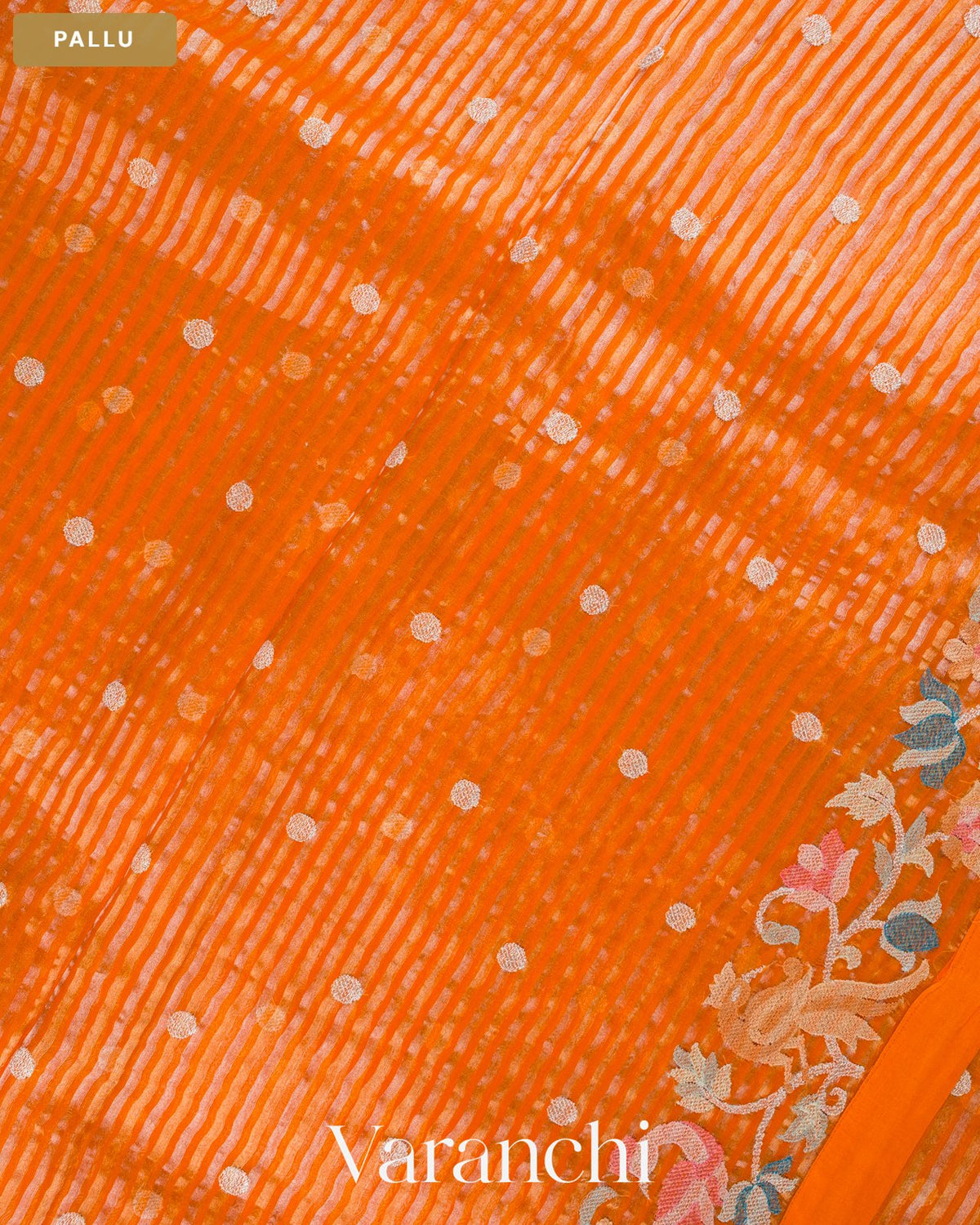 Bright Orange Embroidered Pure Kora Silk Handloom Saree — Pallu
