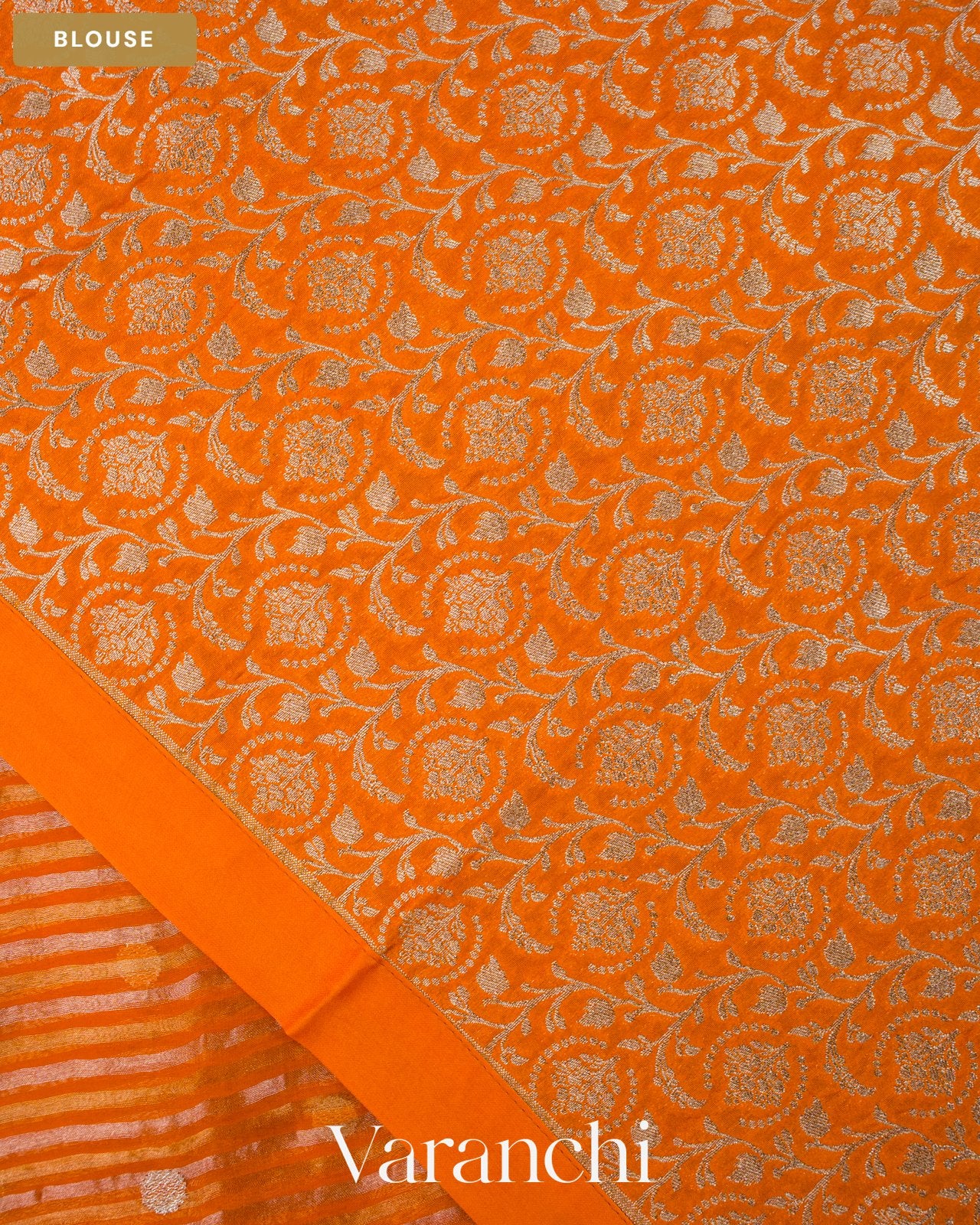 Fire Orange Dotted Stripes Pure Kora Silk Saree — Blouse