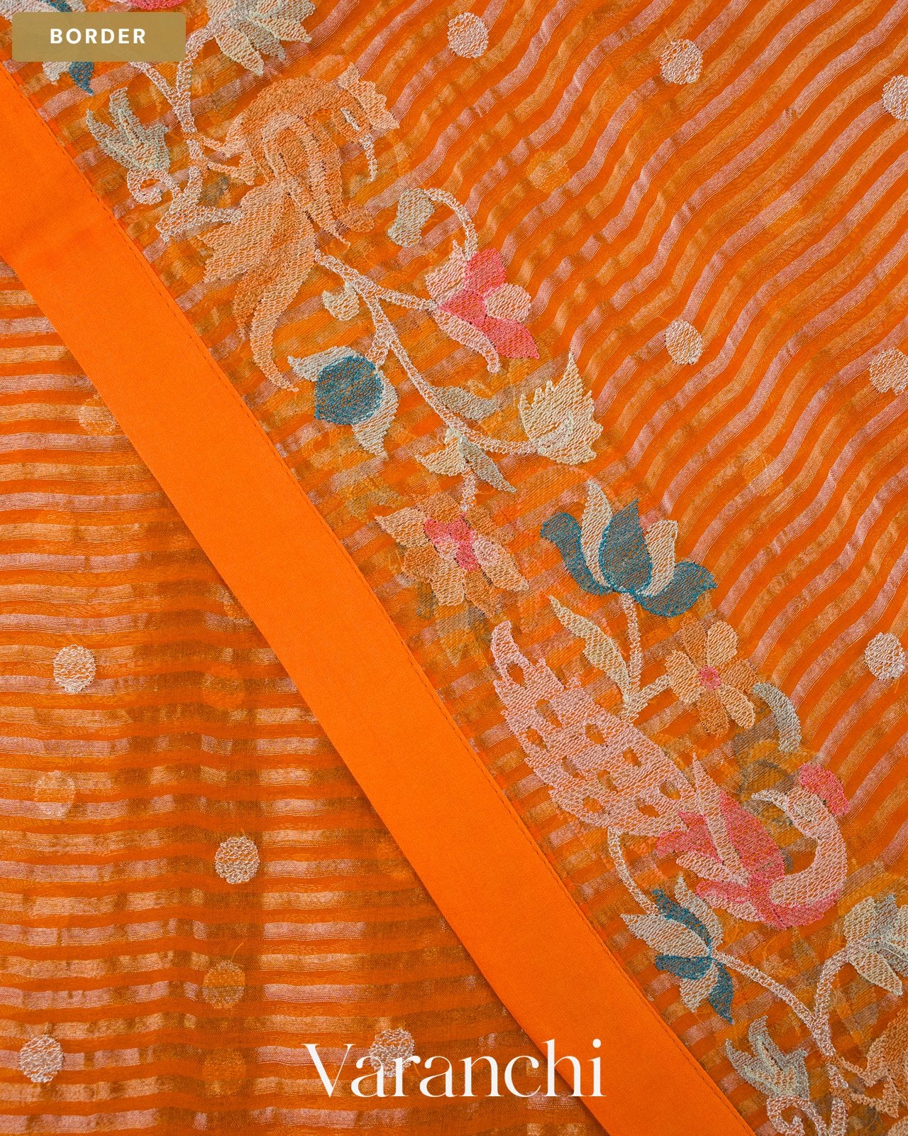 Fire Orange Dotted Stripes Pure Kora Silk Saree — Border