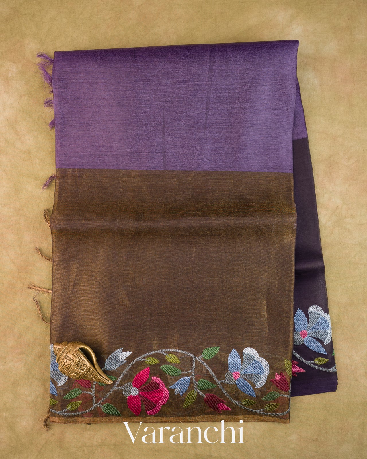 Purple Floral Embroidered Pure Kora Silk Saree — Full Saree