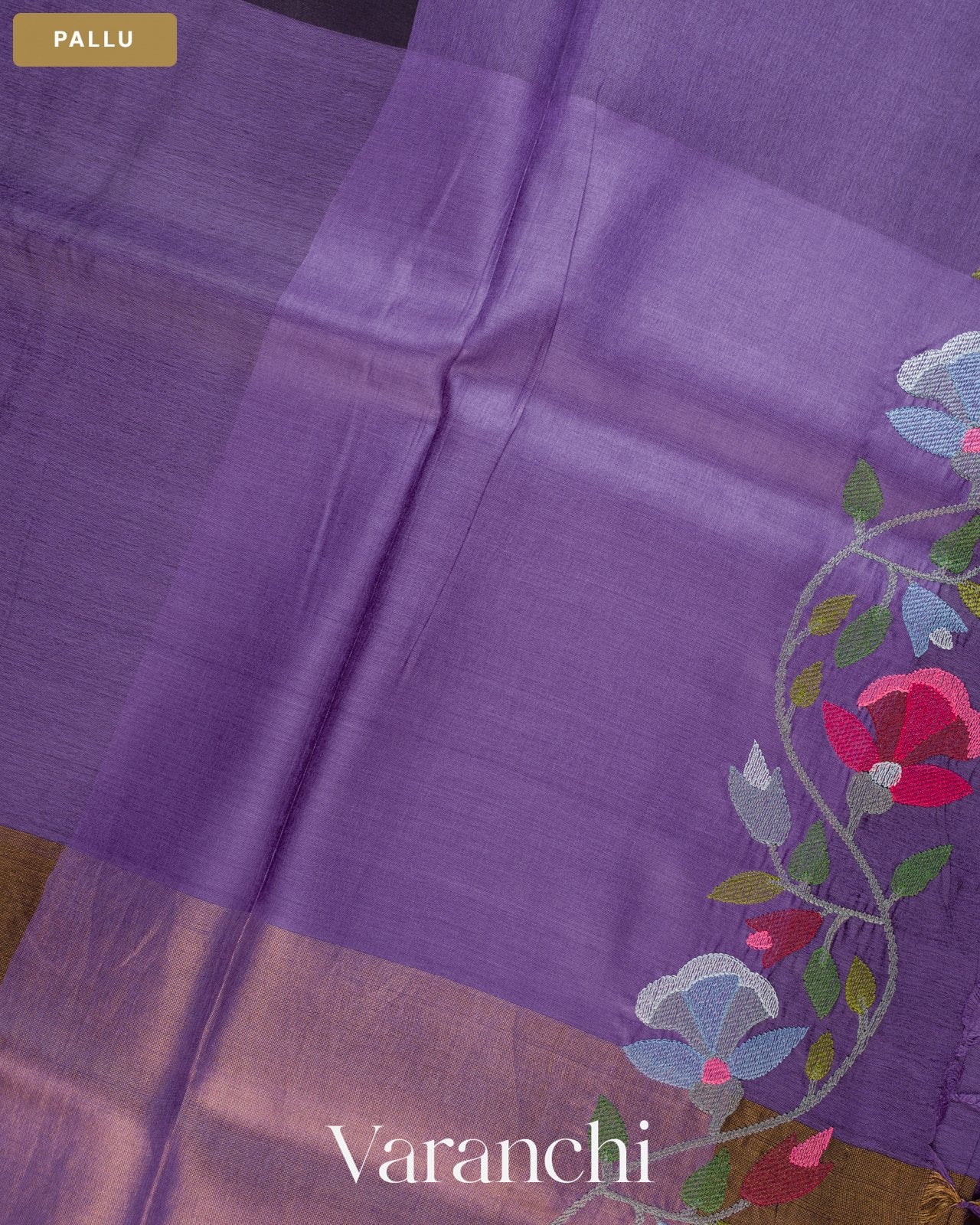 Purple Floral Embroidered Pure Kora Silk Saree — Pallu