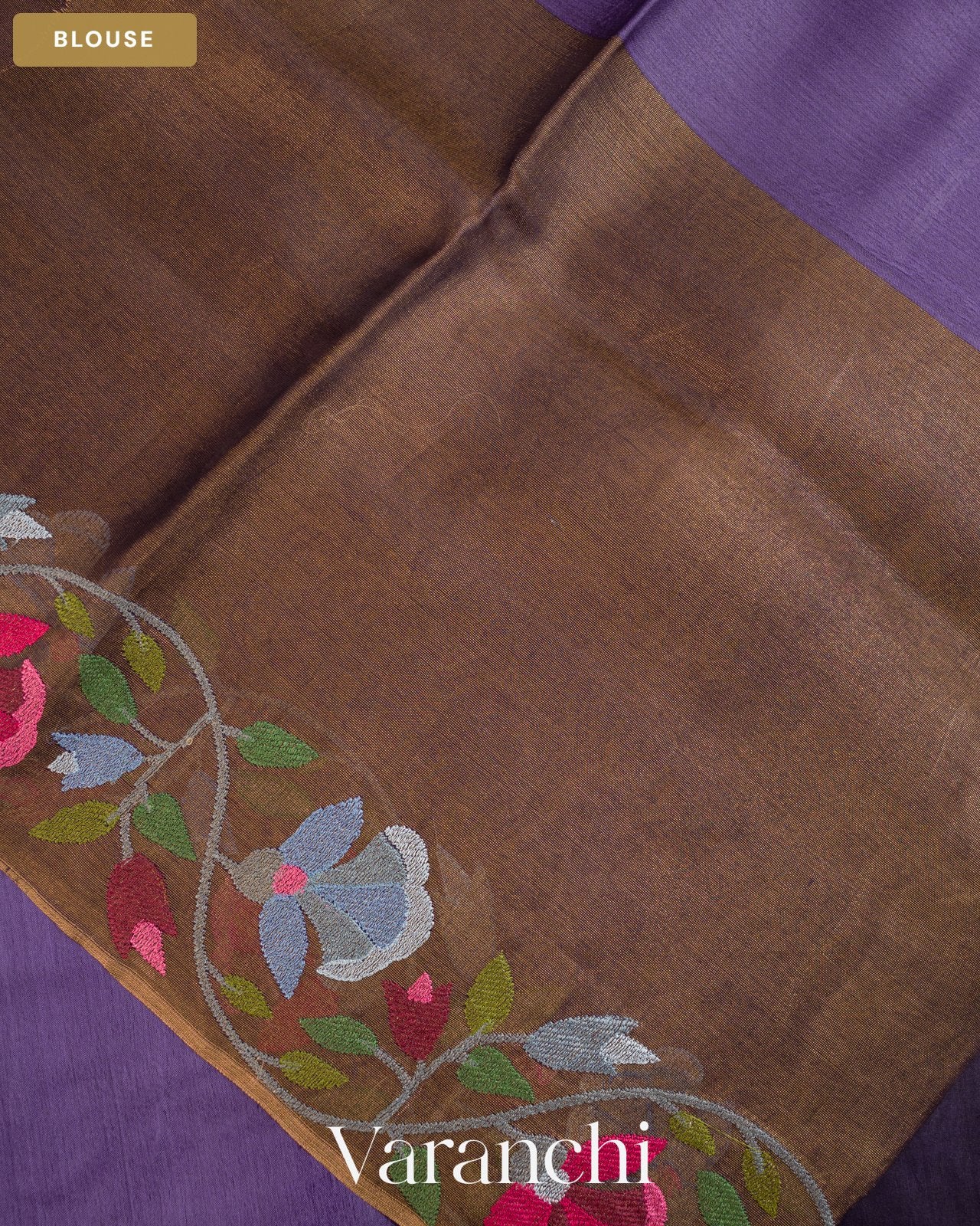 Purple Floral Embroidered Pure Kora Silk Saree — Blouse