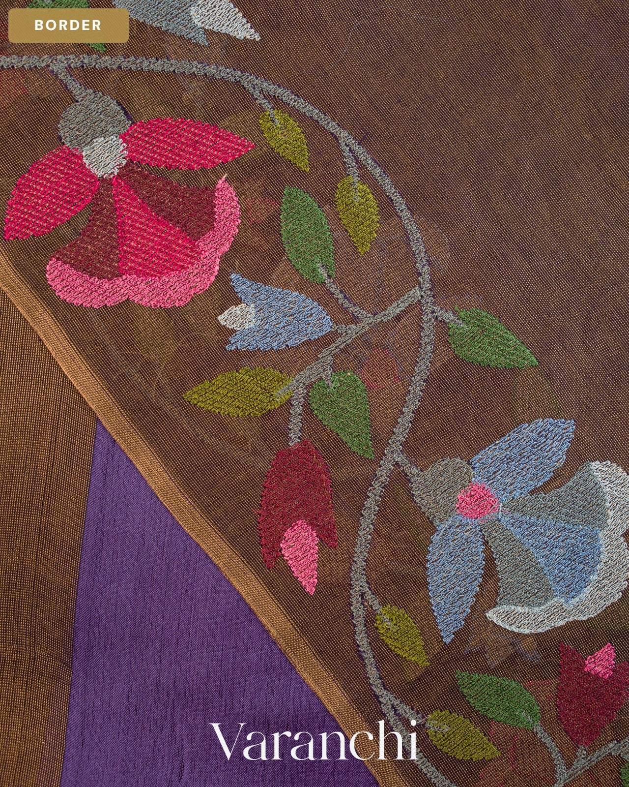 Purple Floral Embroidered Pure Kora Silk Saree — Border