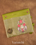 Mehendi Green Floral Embroidered Pure Kora Silk Saree — Folded