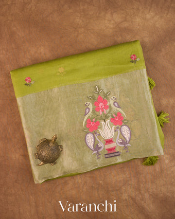 Mehendi Green Floral Embroidered Pure Kora Silk Saree — Folded