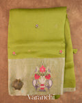 Mehendi Green Floral Embroidered Pure Kora Silk Saree — Full Saree