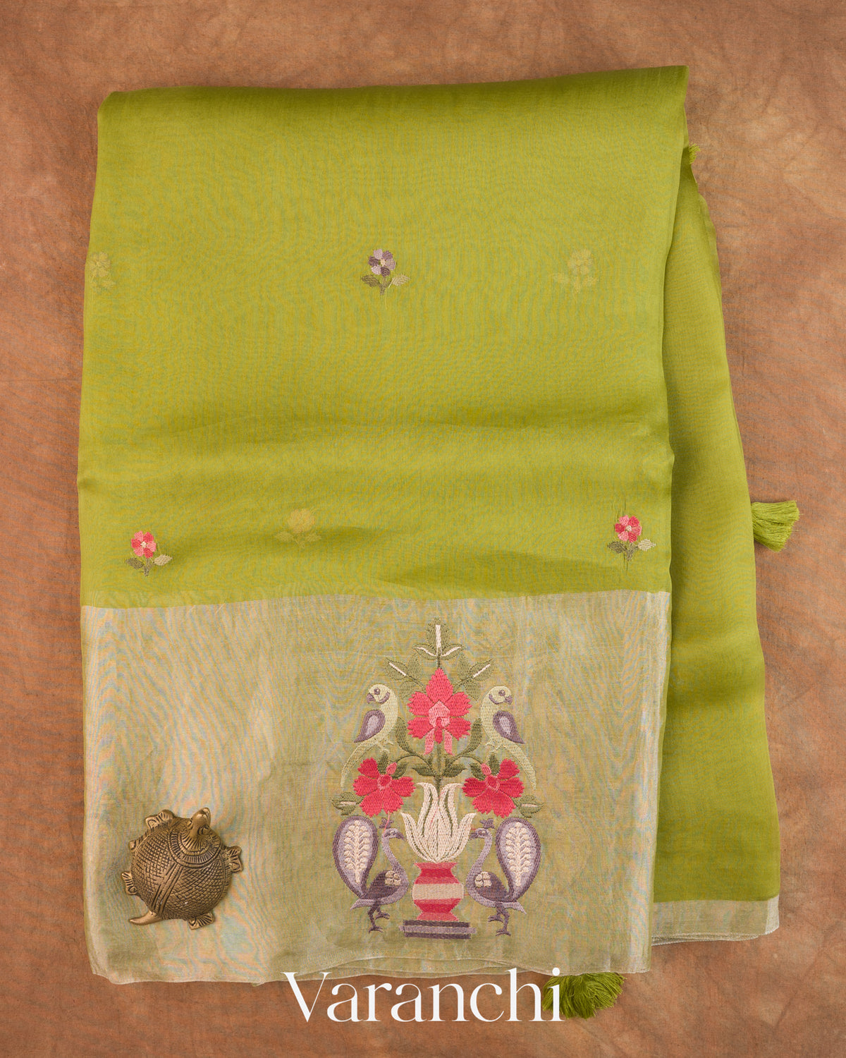 Mehendi Green Floral Embroidered Pure Kora Silk Saree — Full Saree