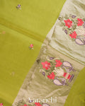 Mehendi Green Floral Embroidered Pure Kora Silk Saree - Pallu