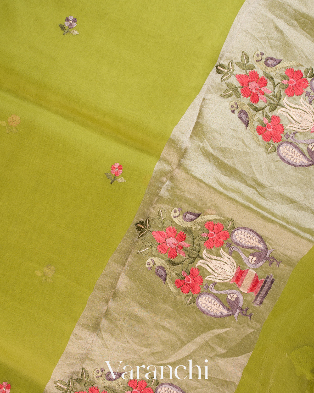Mehendi Green Floral Embroidered Pure Kora Silk Saree - Pallu