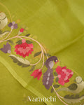 Mehendi Green Floral Embroidered Pure Kora Silk Saree - Blouse