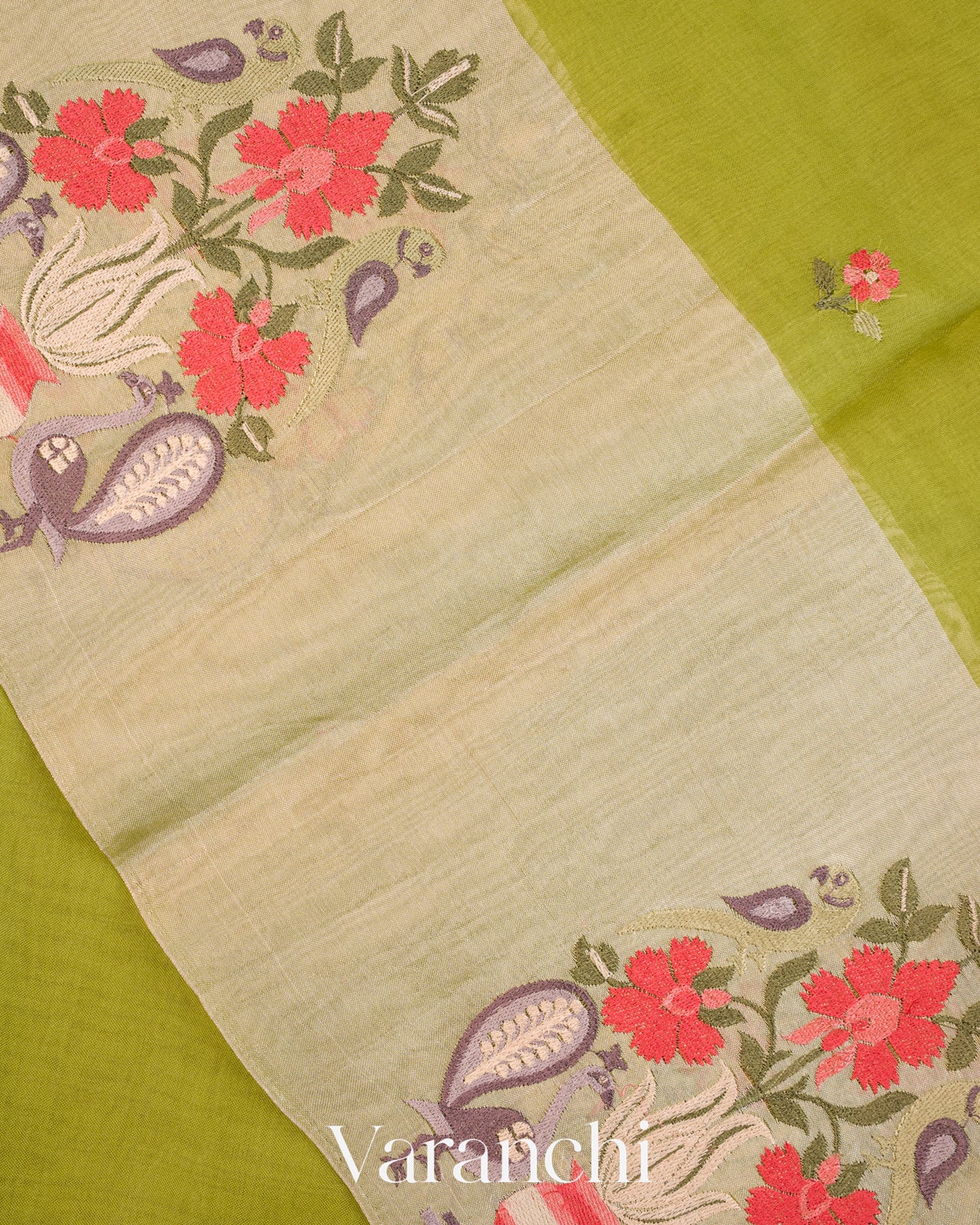 Mehendi Green Floral Embroidered Pure Kora Silk Saree - Border