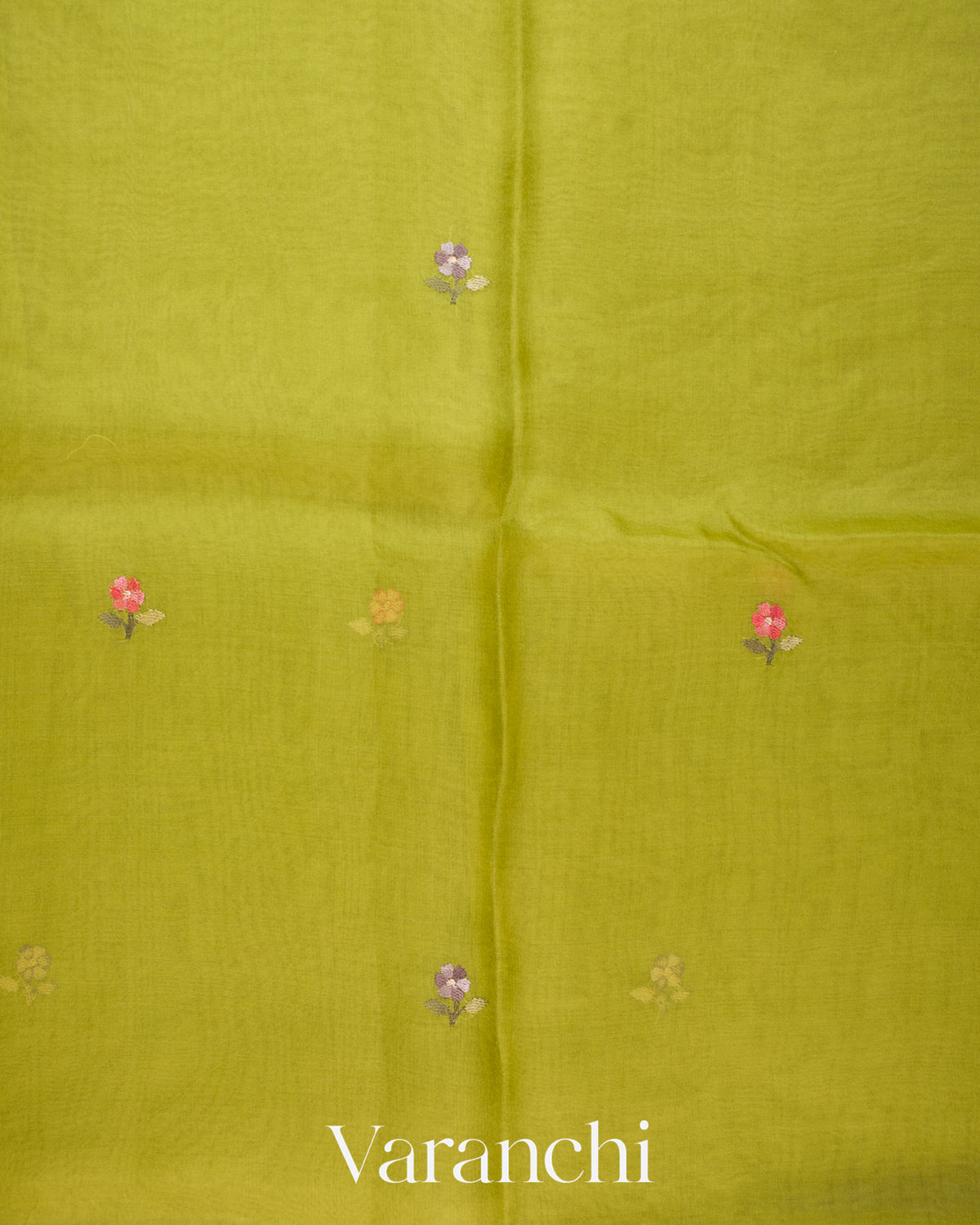 Mehendi Green Floral Embroidered Pure Kora Silk Saree - Body